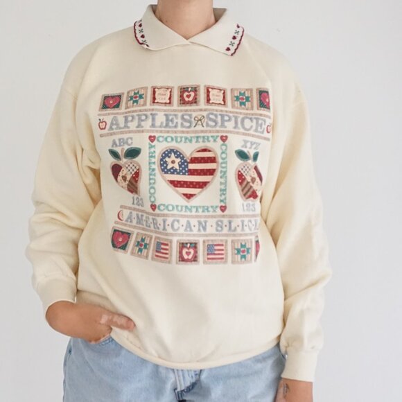 Vintage Cream Cotton Cabincore Eclectic Grandpa Country Graphic Sweatshirt L - Picture 1 of 10